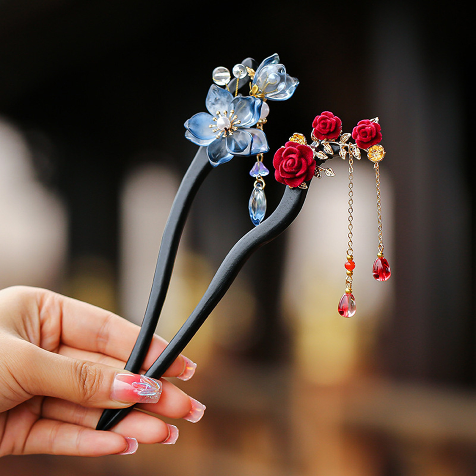 Supply Florist - 中国風の花のタッセルヘアピンヴィンテージ木製花柄パールヘアスティック絶妙なエレガントなヘアクリップ女の子のヘアアクセサリー