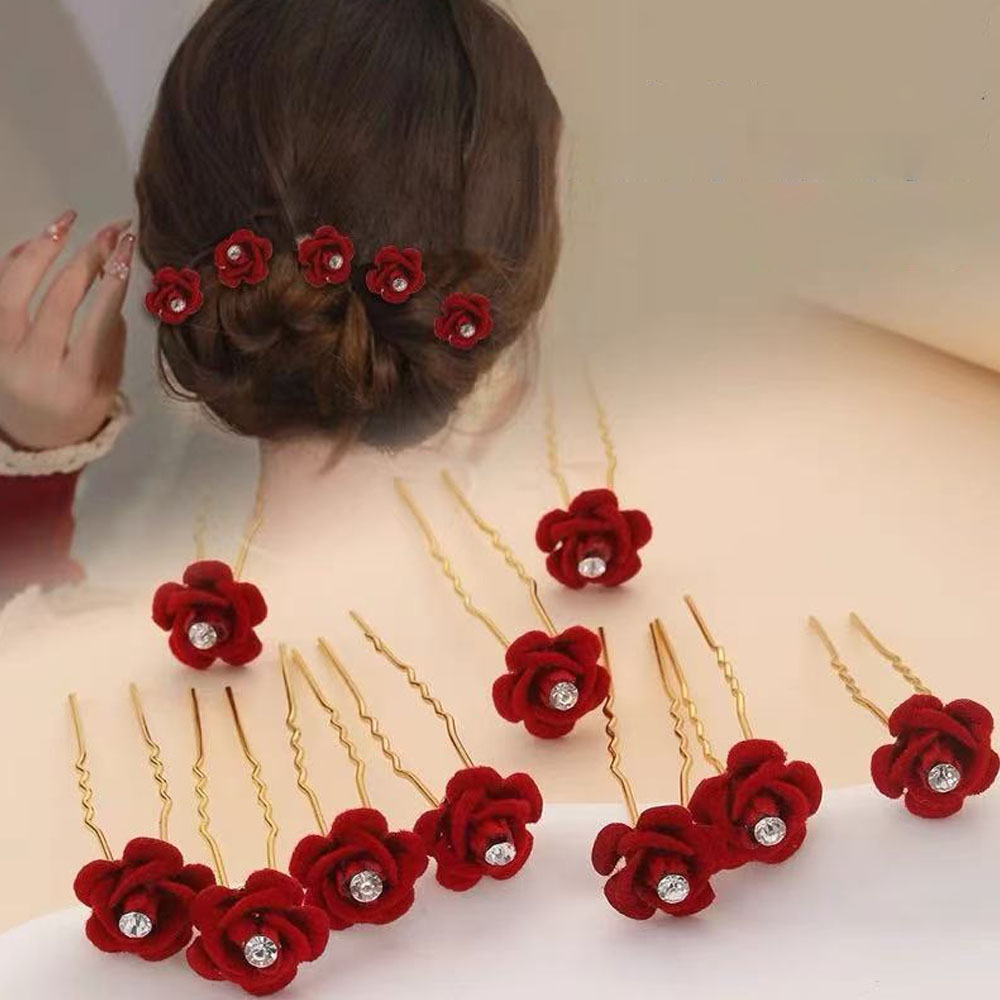 Supply Florist - 10 個ローズヘアアクセサリー結婚式の花嫁のヘアピン花のヘアクリップレッドベルベットクリップ女性のためのエレガントなピンダイヤモンドバレッタ
