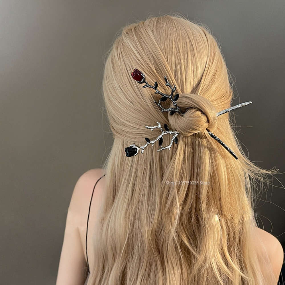 Supply Florist - ヴィンテージメタル製赤いバラの花のヘアピン、女性用エレガントな中国風箸型ヘアスティック、ゴシックヘアアクセサリー