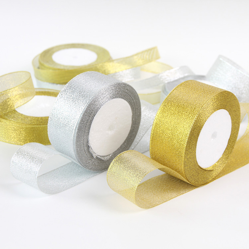 Ribbon Organza Roll - ゴールド/シルバーオーガンザオニオンリボン 25 ヤード/ロールリボン 3-6-10-12-15-20-25-3.8-5 ミリメートルウェディングケーキギフト装飾 DIY