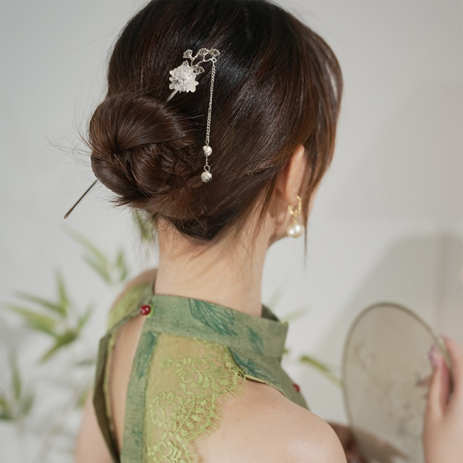Supply Florist - エレガントな花のヘアスティックフォーク合金ヘアクリップビーズチェーンペンダントヘッドピース女性レトロ中国ヘアジュエリーアクセサリー