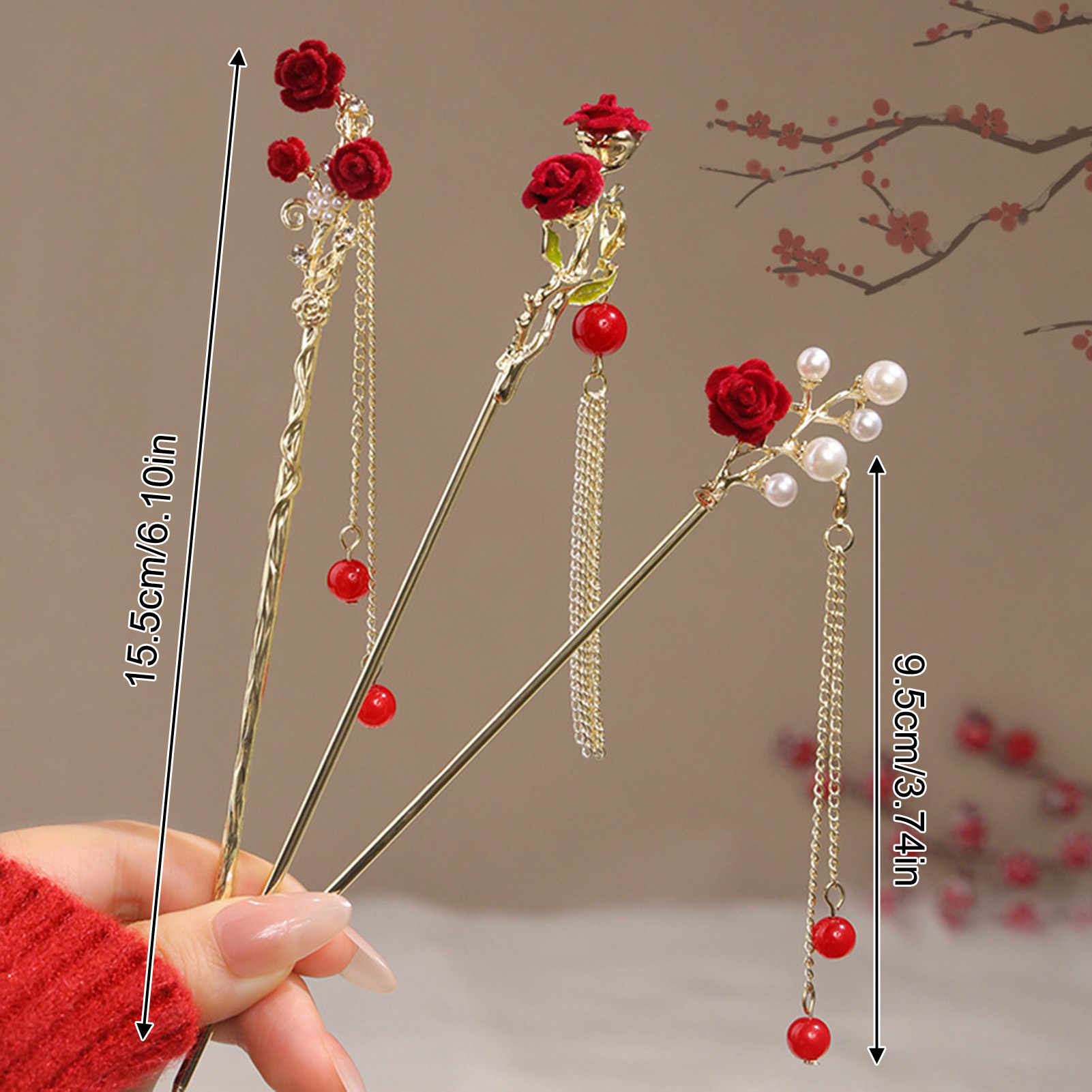 中国風のバラの花のヘアスティックヘアピン女性のための赤い花の - Supply Florist のレビューと価格