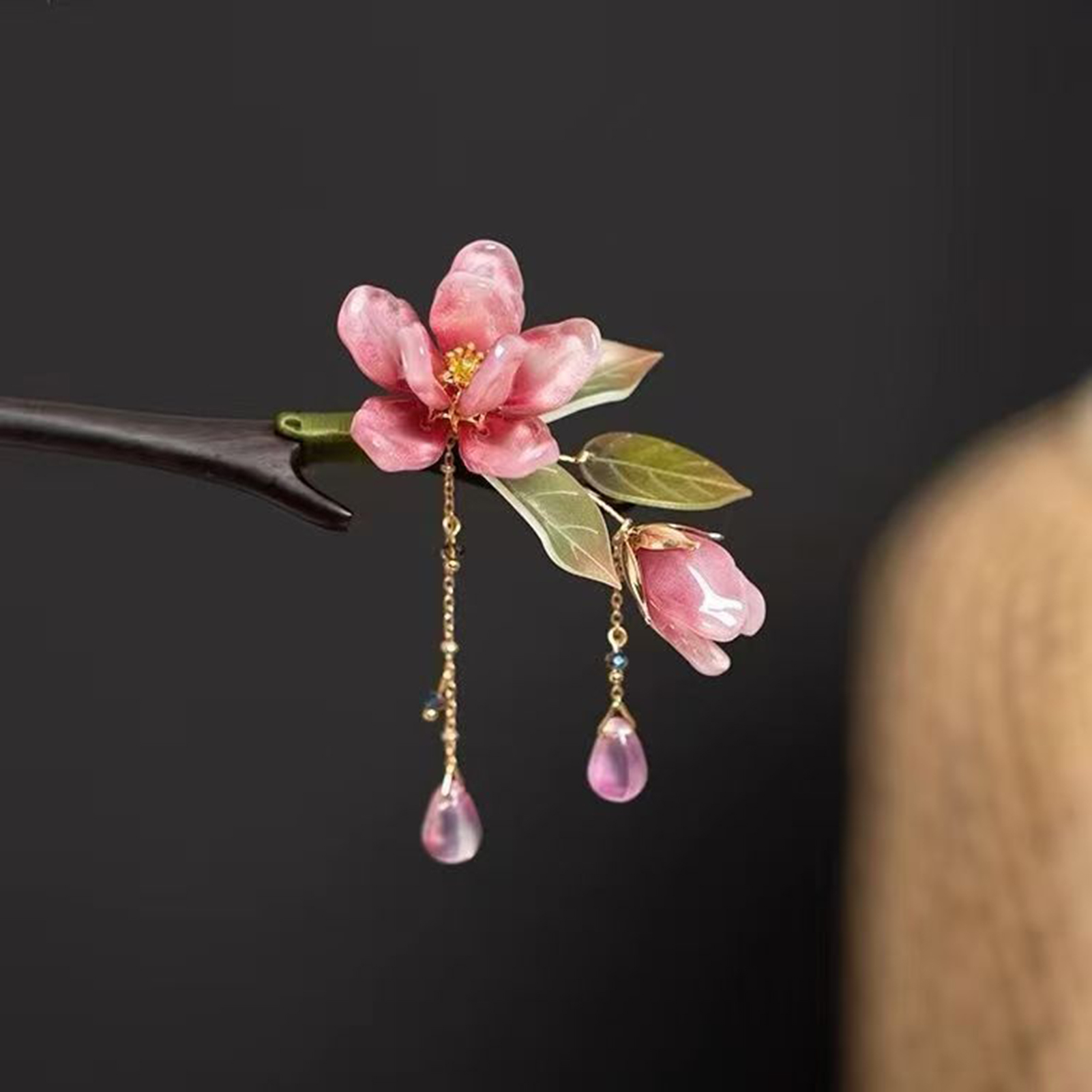 花柄ヘアスティック中国風ヘアピンピンクの花のタッセルレトロ伝 - Supply Florist のレビューと価格