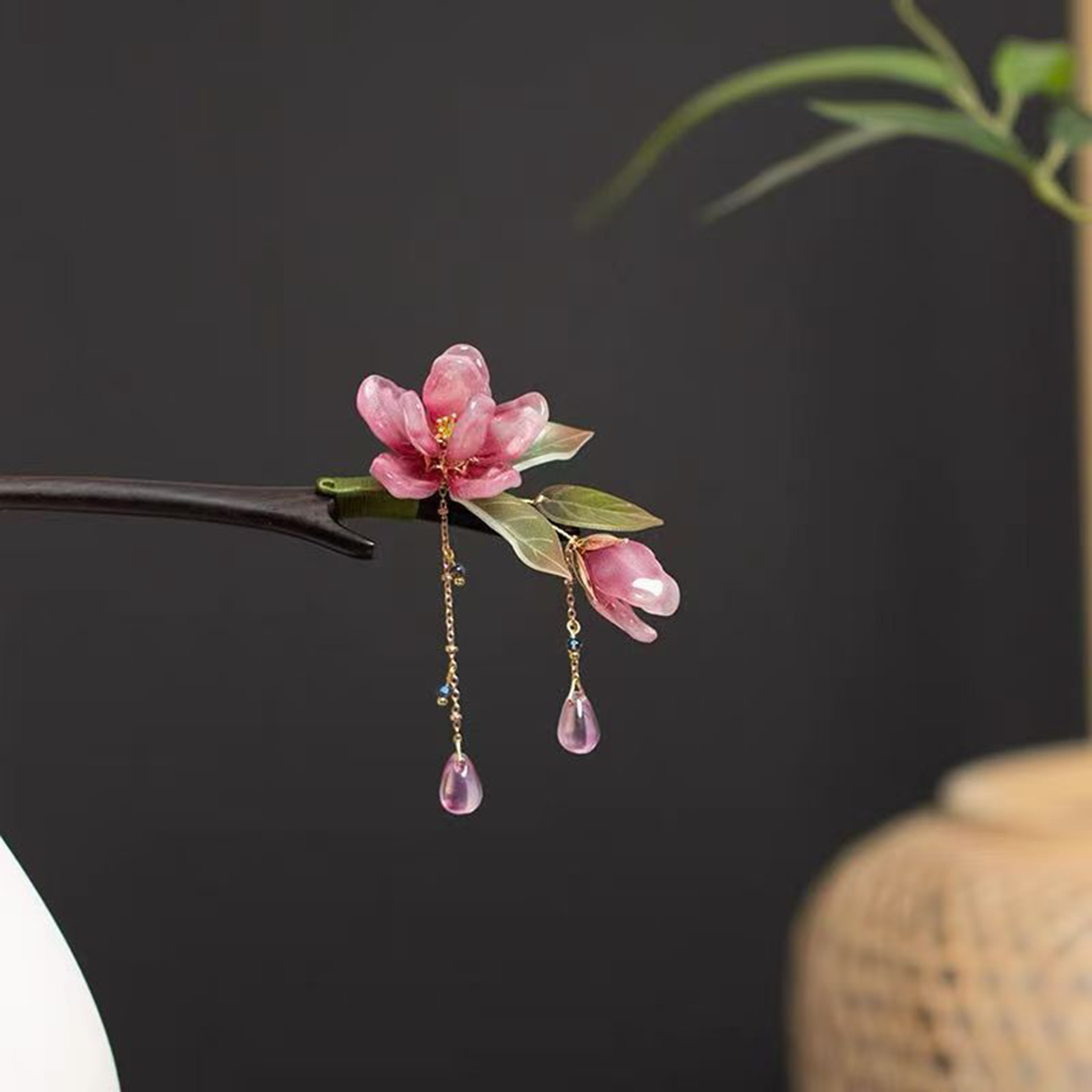 花柄ヘアスティック中国風ヘアピンピンクの花のタッセルレトロ伝 - Supply Florist のレビューと価格